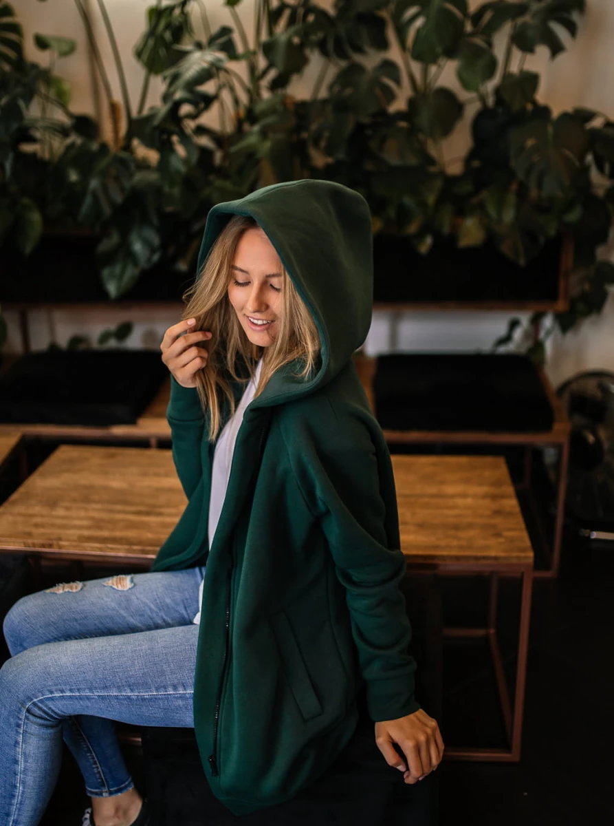 Długa bluza z kapturem COMFY deep green – fason poniżej bioder