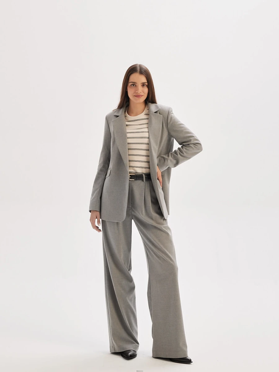 Marynarka z wiskozy READY TO GO z przodu w pełnej sylwetce, szara, z prostą linią kroju, klasycznymi klapami i elegancką stylizacją marki MAFFEI.